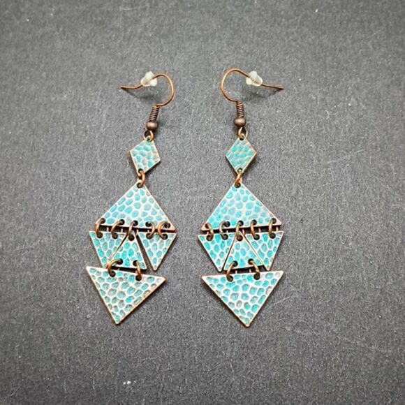 COPPER bronze abstract geometric boho earrings - Picture 2 of 4